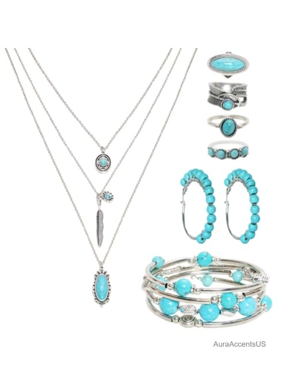 Bohemian Turquoise Jewelry Set Necklace Earrings Rings Layered Bracelet